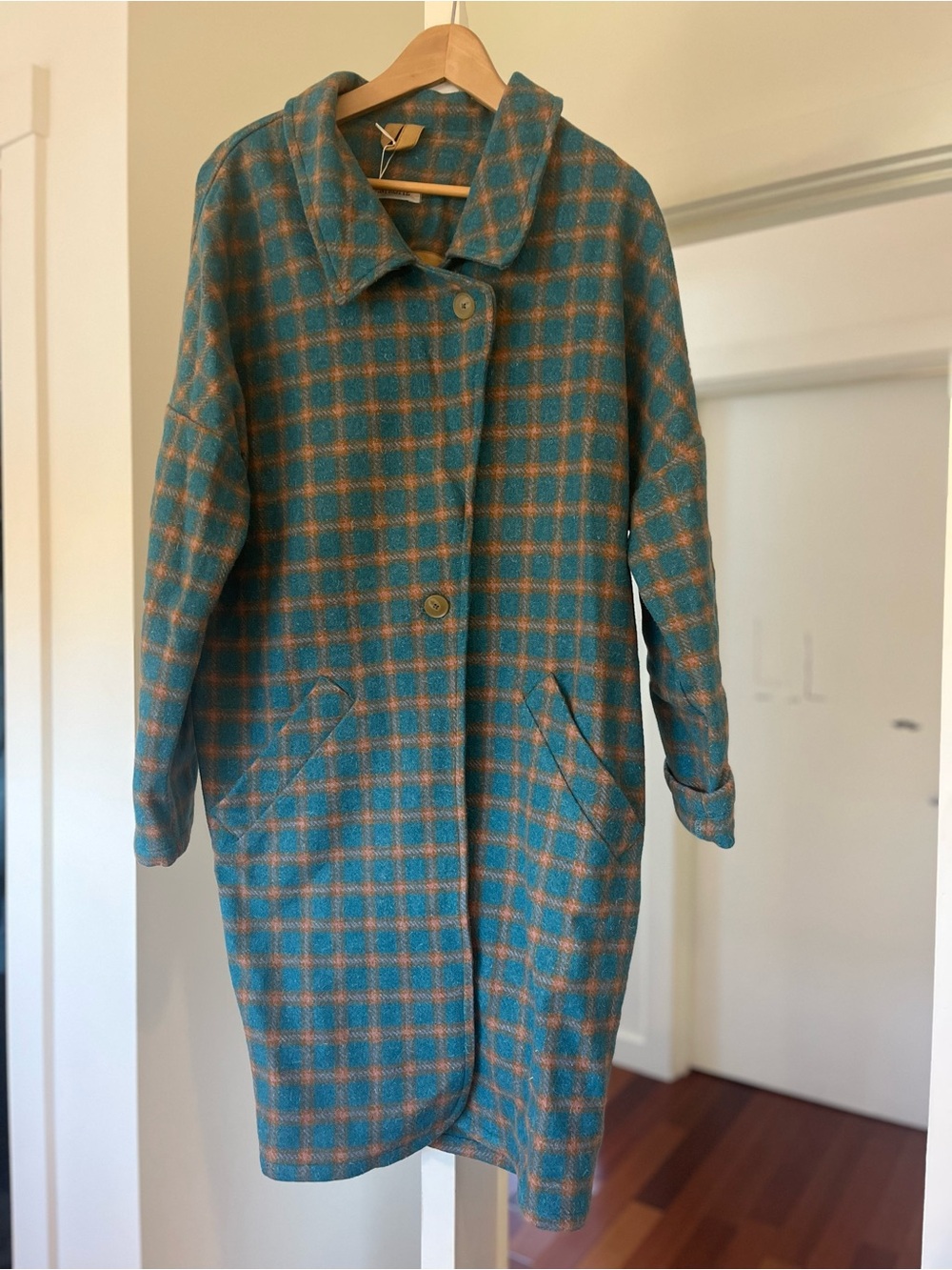Entropie Teal and Tan Plaid Wool-Blend Trench Coat